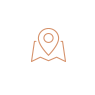 A copper-colored line-art icon of a map with a location pin.