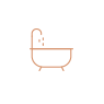 A copper-colored line-art icon of a bathtub with bubbles/steam.