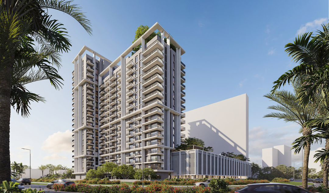 Contemporary Veris Residences tower exterior: tall, white, and glass building with a lush green rooftop garden and sky views.