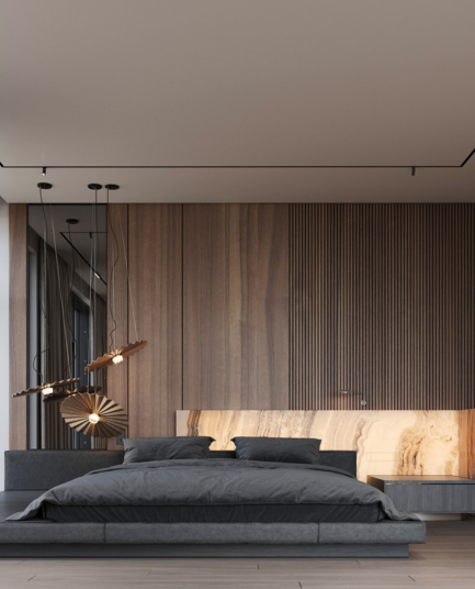 (Repeat of Interior) High-end apartment bedroom showcasing clean lines, wood paneling, and a large window for ample natural light