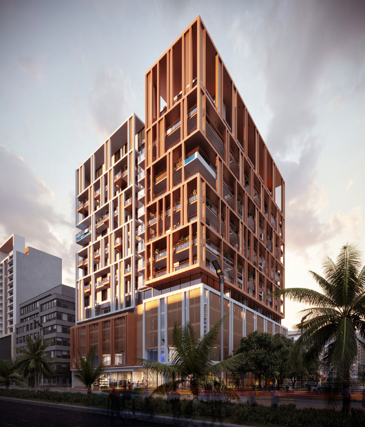 (Repeat of Interior) High-end apartment bedroom showcasing clean lines, wood paneling, and a large window for ample natural light
